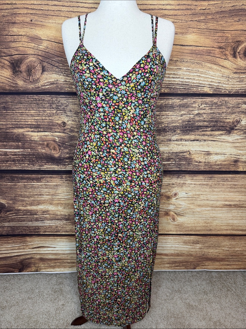 Zara Black Floral Maxi Slip Dress with Pink, Yellow & Blue Blossoms